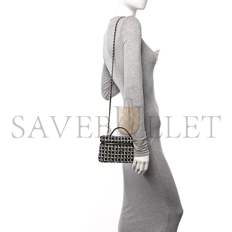Ch**el tweed quilted top handle slim long vanity black ecru white ap4385 (19.5*17*5cm)